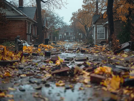 Debris-strewn street after flood in residential area, autumn photo