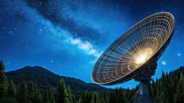 A satellite dish in the middle of a forest photo