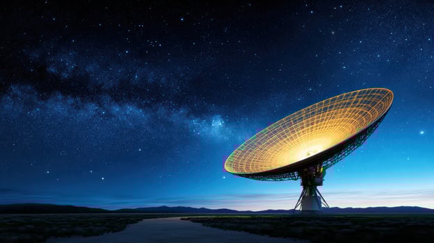 An antenna dish is shown in the night sky photo