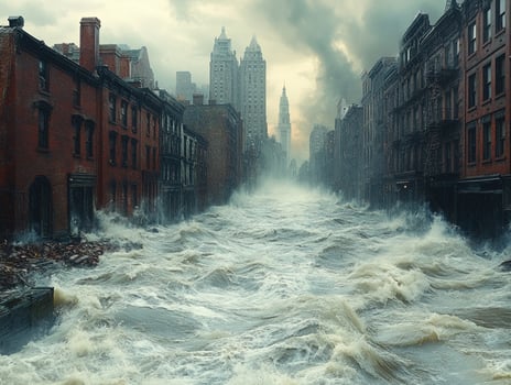 Flooded city street, buildings, storm surge, disaster photo
