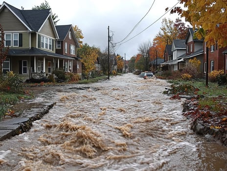 Flooded suburban street, cars driving through rushing water, autumn photo