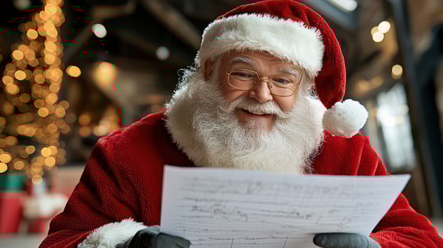 Santa Claus reading list with joyful smile in festive setting photo