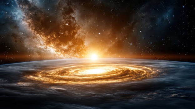 stunning view of galaxy with bright sun rising over swirling clouds, evoking wonder photo