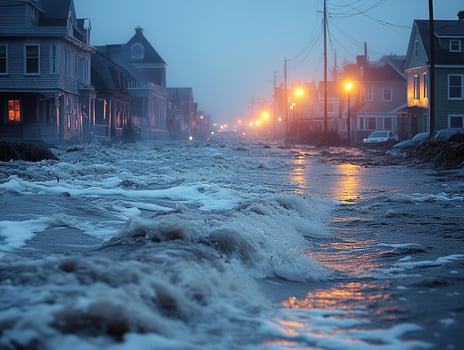 Flooded street at dusk, houses, streetlights, surging water photo