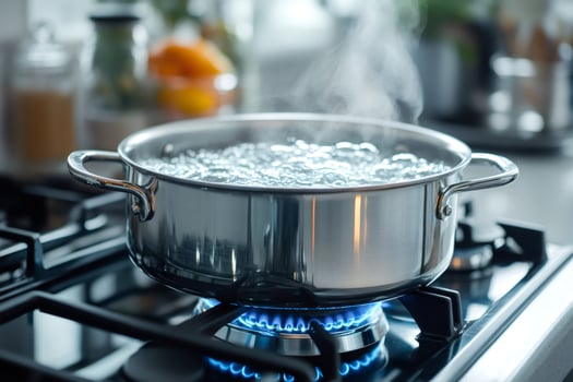 Stainless steel pot boiling water on gas stove in the kitchen photo