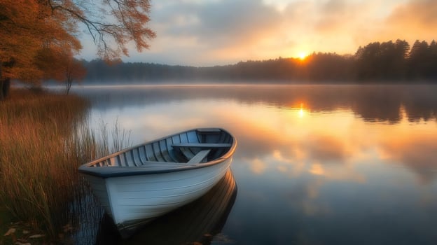 Lonely white boat floating on a lake during sunrise photo