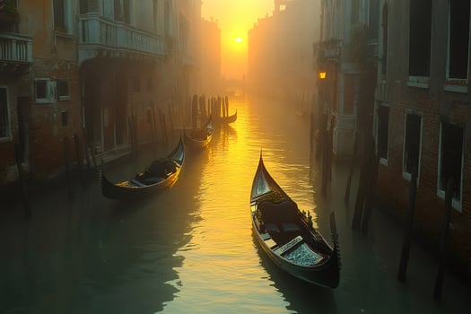 Gondolas floating on a foggy canal in Venice at sunrise photo