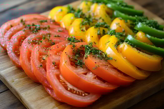 Sliced tomatoes, yellow and green peppers seasoned with parsley and black pepper on wooden board photo