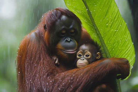 Mother orangutan embracing baby orangutan under tropical rain in Borneo photo