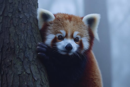 Firefox, or red panda, clinging to a tree trunk photo