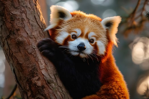 Red panda clinging to a tree trunk, illuminated by golden light photo