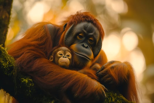 Mother orangutan embracing her baby in the jungle of Borneo photo