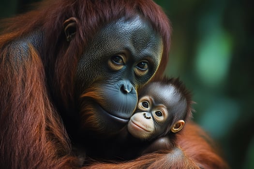 Mother orangutan embracing her baby in the jungle.. photo