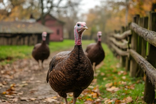 Turkeys strutting near wooden fence on a farm in autumn photo