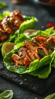 Grilled chicken lettuce wraps served with lime and garnished with fresh herbs on a black stone surface photo
