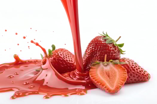 Fresh strawberries with red juice splash on white background. photo