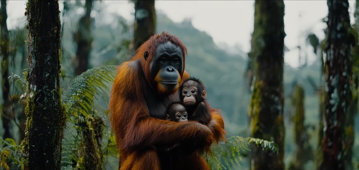 Orangutan Mother Protecting her Two Infants in a Lush Rainforest Habitat photo