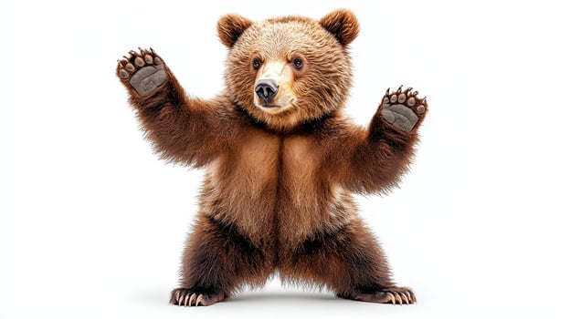 Adorable Brown Bear Cub Standing on Two Legs Raising Paws Up High in Studio photo