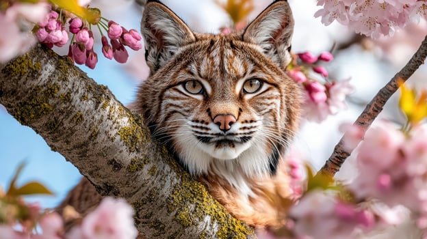 Majestic Bobcat in Springtime Blossom Wildlife Portrait Beautiful Wildcat among Cherry Blossoms photo