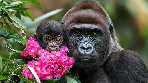 Gorilla Mother and Baby Close up Portrait with Pink Flowers in Lush Green Foliage photo