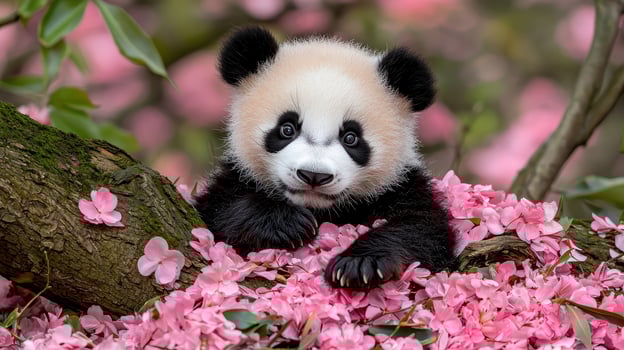 Adorable Baby Panda Cub Amidst Delicate Pink Blossoms in Springtime A Precious Moment Captured in Nature photo