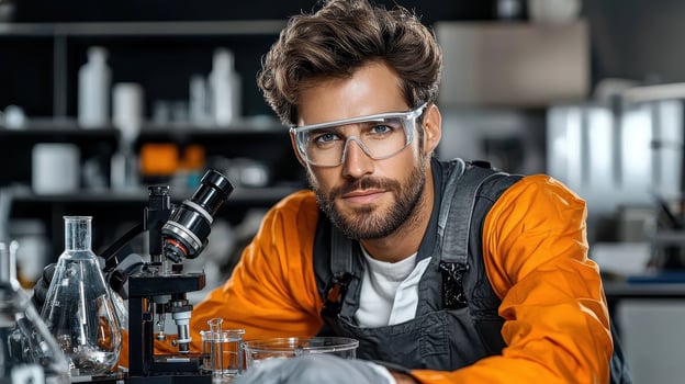 Confident Male Scientist Working in a Modern Laboratory Using Microscope and Beaker photo