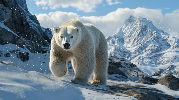 Majestic Polar Bear Walking in Snowy Mountain Landscape Winter Scene Wildlife photo