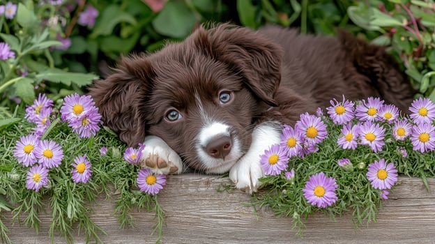 Adorable Brown Border Collie Puppy Resting Amidst Vibrant Purple Flowers in a Garden photo
