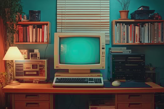 Vintage personal computer displaying solid teal screen in cozy retro room setup photo