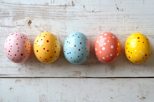 Five colorful dotted easter eggs lying on white wooden table photo