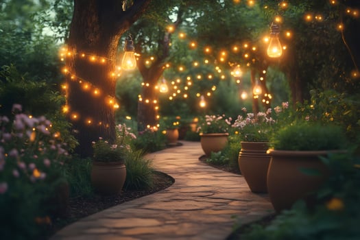 Winding garden path illuminated by string lights at twilight photo
