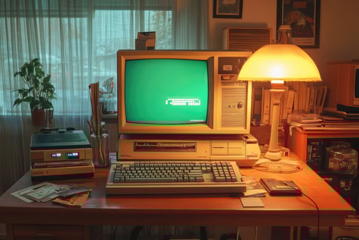 Vintage personal computer displaying green screen in cozy room setting photo
