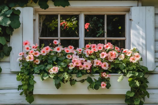 Lavatera trimestris decorating window box of charming white wooden house photo