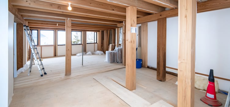 Home renovation wooden beams, new floor, mountain view photo
