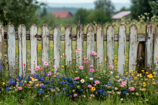 Wildflowers growing by white picket fence in countryside photo