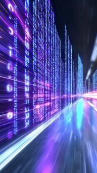 Digital city highway, fast data stream, night photo