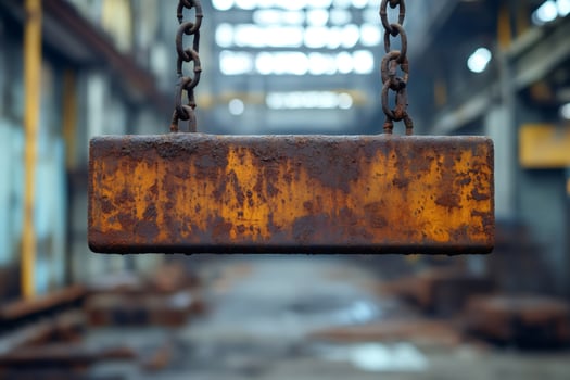Rusty metal plate hanging in abandoned industrial building photo