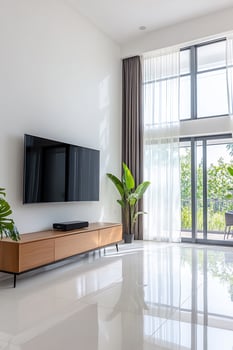 Modern living room, TV on wall, sunlight, plants, patio view photo