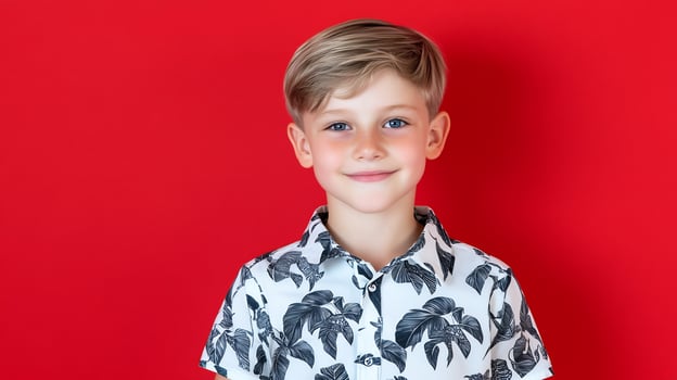 Happy boy red background portrait studio photo