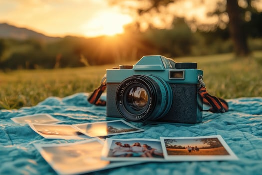 Vintage camera displaying cherished memories at sunset in nature photo