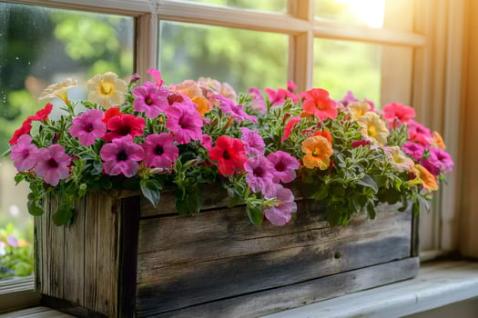 Colorful petunias blooming in a rustic wooden window box photo