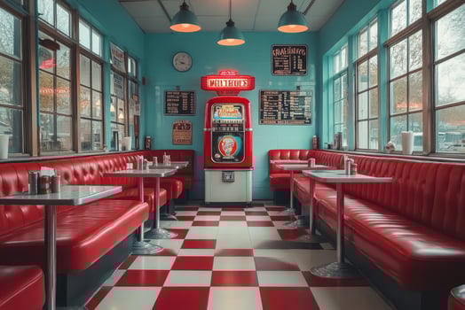 Vintage diner interior with red booths and checkered floor photo