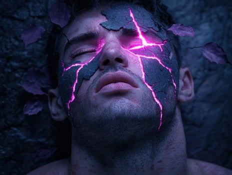 Man with cracked skin and glowing eyes surrounded by leaves photo