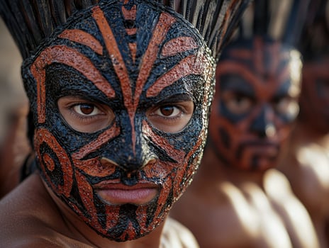 A group of men wearing tribal face paint and masks photo