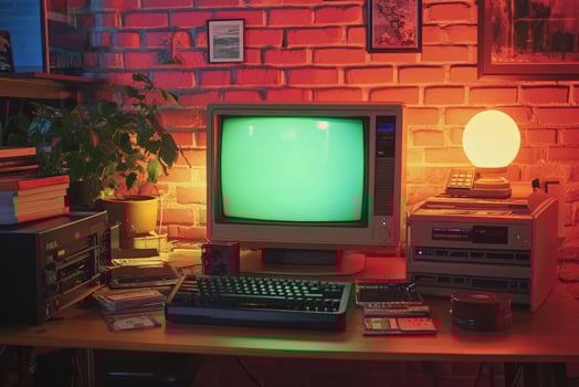 Old computer and peripherals glowing under colorful lights in a cozy room photo