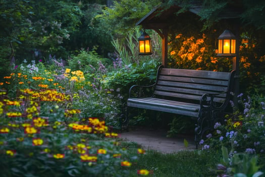 Empty bench illuminating a peaceful garden at twilight photo