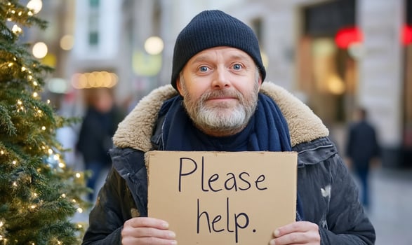 Homeless man seeking help, city street, Christmas photo