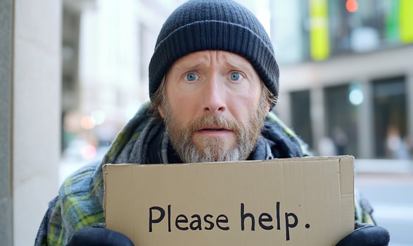 Homeless man begging, city street, winter photo