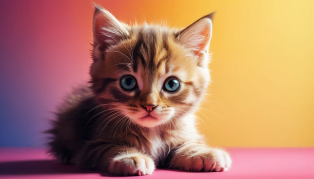 Cute Fluffy Kitten with Bright Blue Eyes Posing Against Vibrant Gradient Background photo