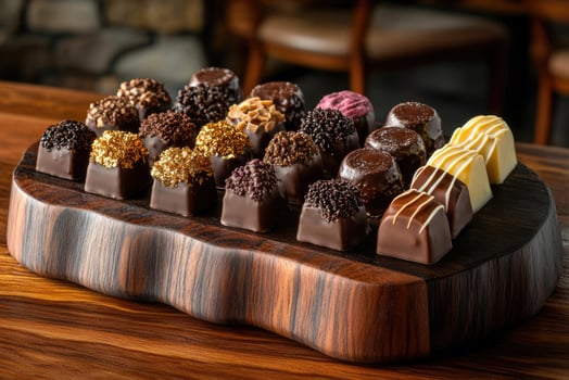 Gourmet chocolates displayed on wooden platter in restaurant setting photo